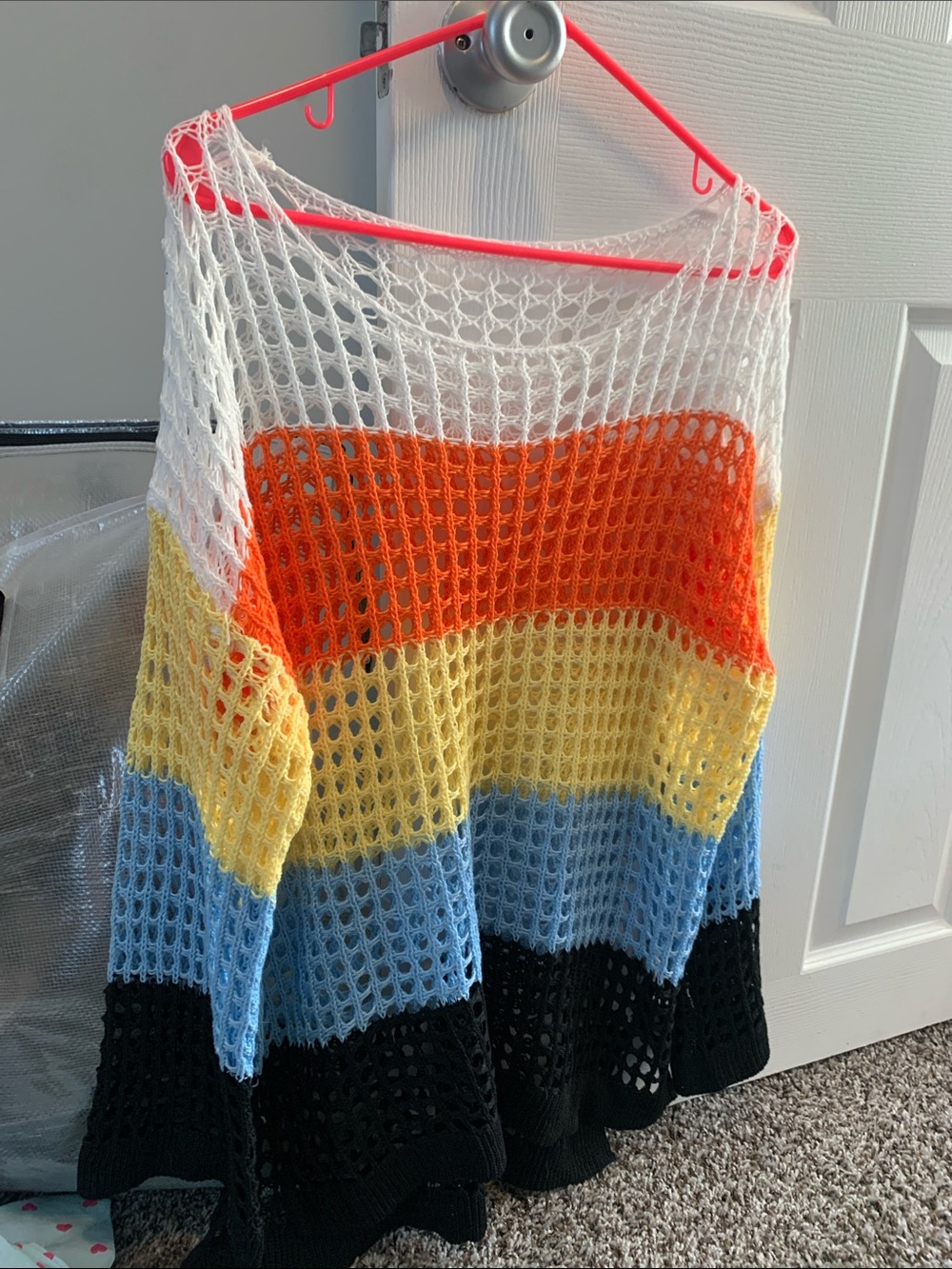 Colorblock Crochet Net Beach Cover-Up - White, Orange, Yellow, Blue, Black